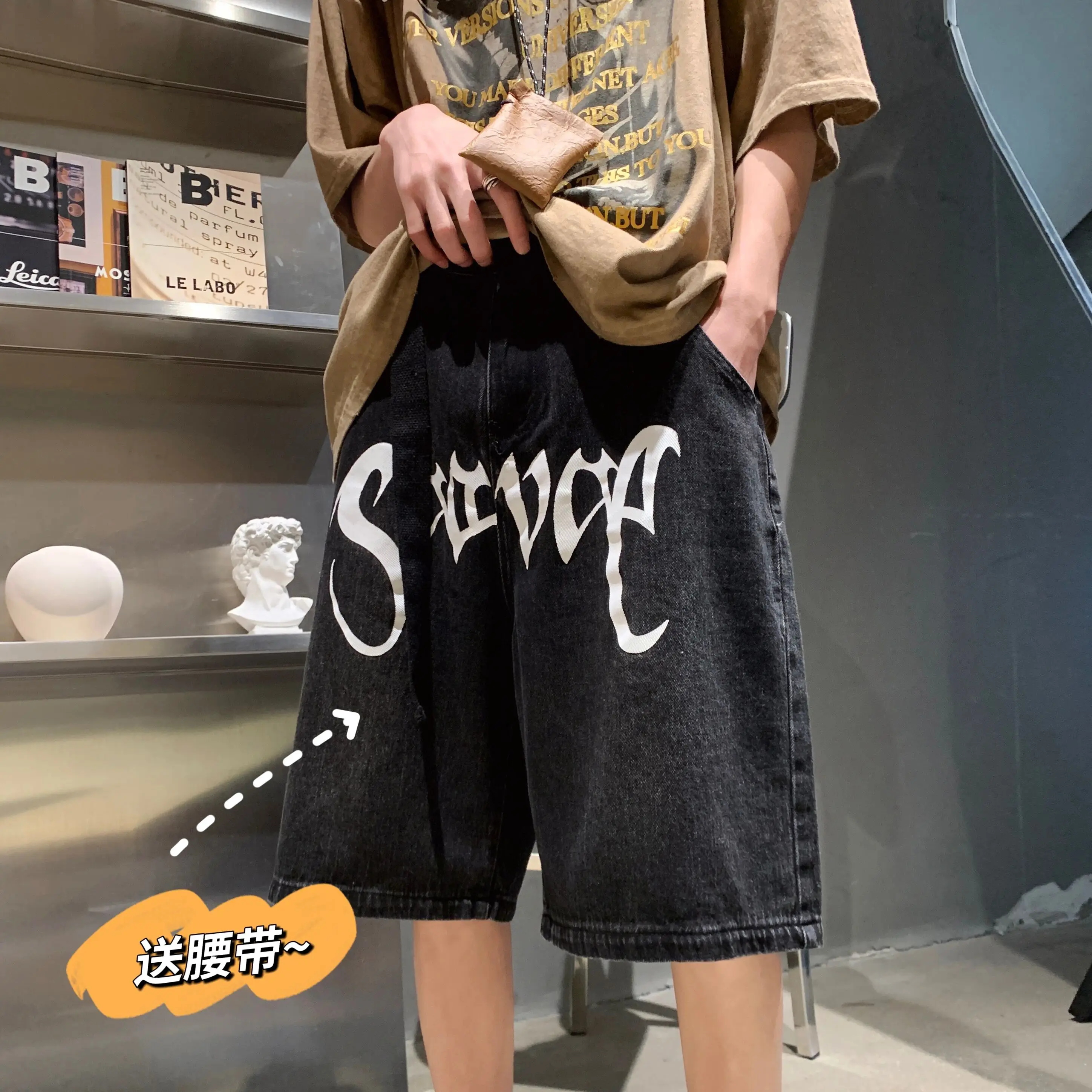 CHIPS Summer Dark Letter Print Men Jeans Short Vintage Denim Men Pants Japanese Harajuku Streetwear Hip Hop Casual Loose Shorts