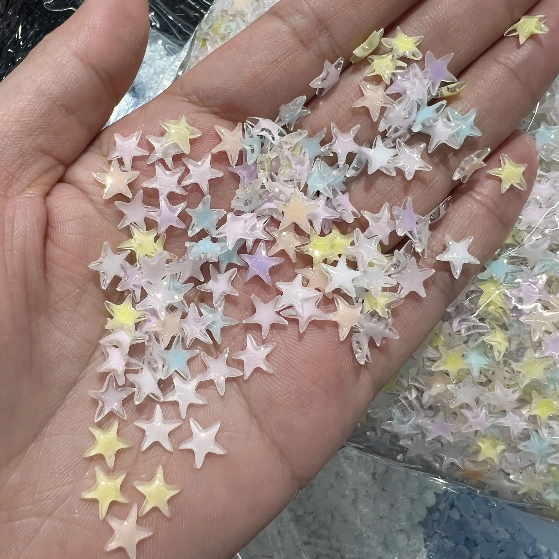 

100pcs Resin Star Moon Nail Art Charms Kawaii Pentagram Crescent Moon Flatback Nail Rhinestones DIY Gems Nail Accessories