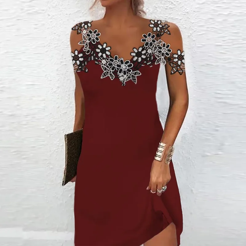 

Women Patchwork Embroidery Flower Lace Party Dress Spring V Neck Cold Shoulder Dresses Summer Short Sleeve Hollow Office Dress