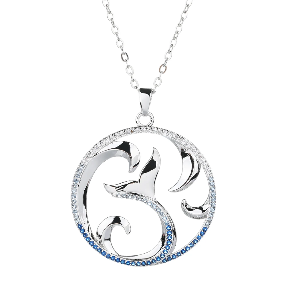 

Poulisa Waves with Blue Cubic Zircon Necklace Round Pendant 925 S925 Sterling Silver Chain Dolphin Tail Fin Pendants Necklaces
