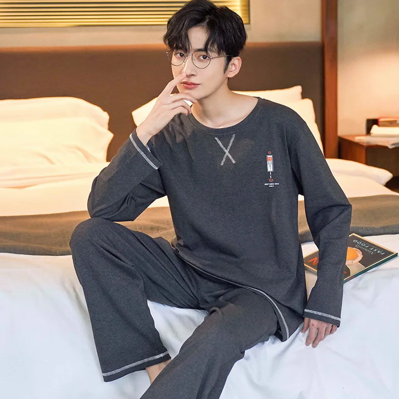 2 Pieces Set Cotton Men's Pajamas Set Autumn Full Length Sleep Tops Pant Nightwear Man Home Clothes Male Sleepwear Freeship