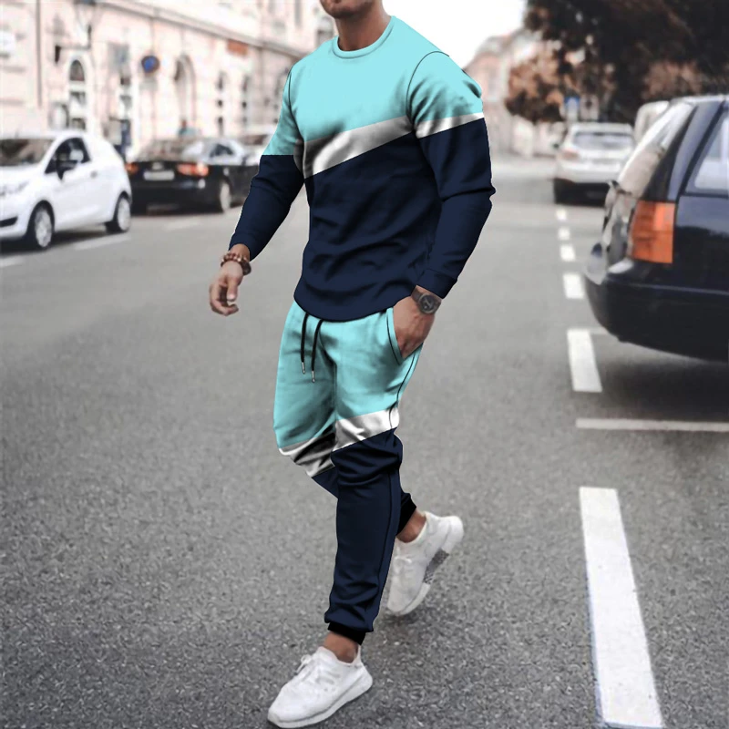 

High Quality Mens 2 Piece Set Tracksuits Outfit Summer Long Sleeve O-Neck T-shirt Set Casual Oversized Men Clothing Tshirt Suit
