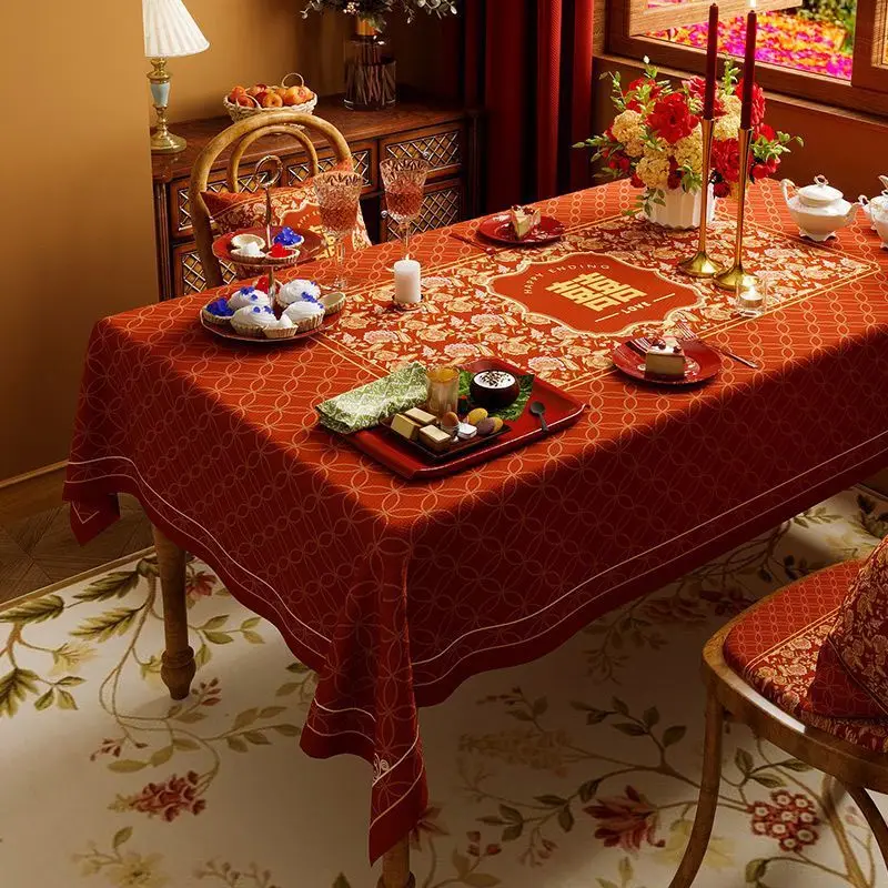 Свадебная скатерть, праздничная скатерть для красного чайного столика, прямоугольная Водонепроницаемая скатерть для обеденного стола, праздничный Китайский Персонаж, Amer