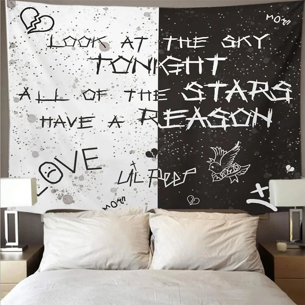 

Sky Star Moon Tapestry Hippie Wall Hanging Letter Tapiz Black And White Tapestry Wall Carpet Cloth Ceiling Background Home Decor