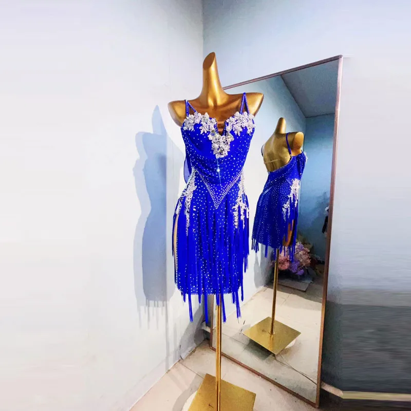 

Женский костюм для латиноамериканских танцев, синяя короткая юбка со стразами и бахромой, костюм для выступлений, для бальных танцев, сальса