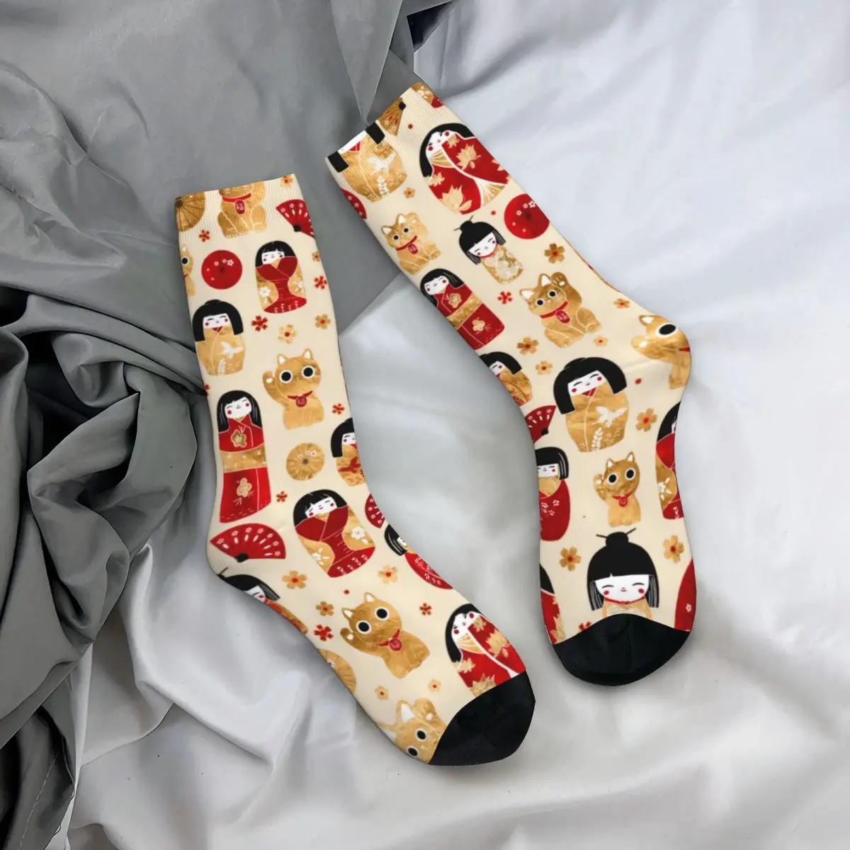 

Japanese Anime Socks Kokeshi and Maneki Neko Cats Matching Fun Mid Stockings Large Chemical Fiber Teenage Trekking Socks