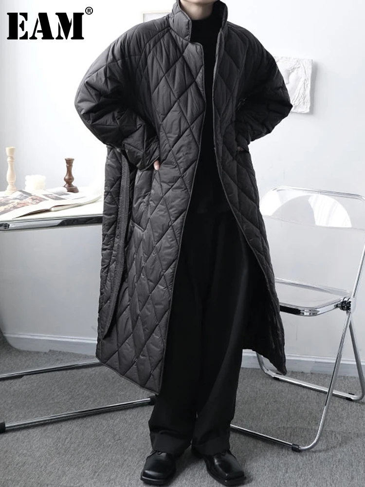 

[EAM] Black Long Big Size Cotton-padded Coat Long Sleeve Loose Fit Women Parkas Fashion Tide New Autumn Winter 2022 1DF0913