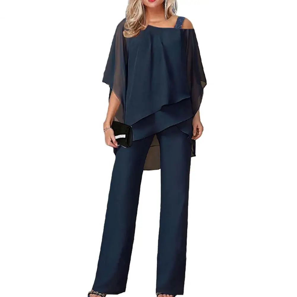 

Chic Office Lady Jumpsuit Elegant Off Shoulder Batwing Sleeve Tops Straight Wide Leg Irregular Sling Solid Color for Women