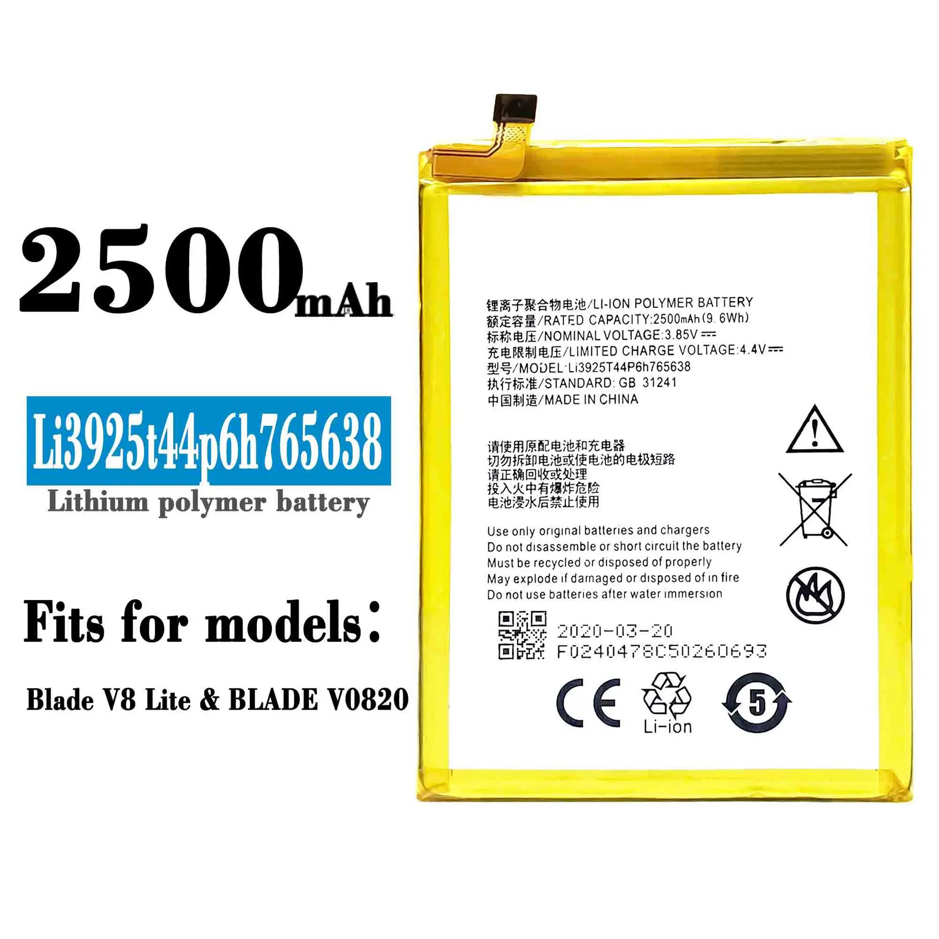 

100% Orginal High Quality Replacement Battery For ZTE Blade V8 lite V0820 Li3925T44P6h765638 Mobile Phone New Lithium Batteries