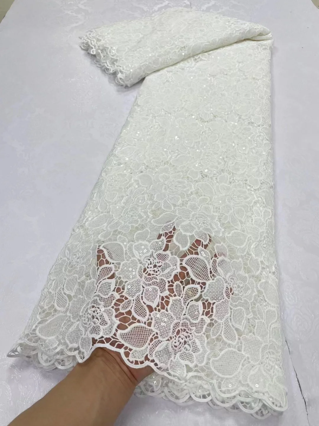 

African Guipure Lace Fabric 2023 5 Yards Nigerian White Sequence Cord Lace Fabric With Sequins For Women Party Dress Sew