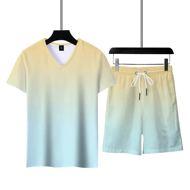Summer New Men's Tracksuit 2 Piece Set Gradient Sets Mens Outfits Fashion T-shirt Suit Casual Short Sleeve Top Unisex Sportswear