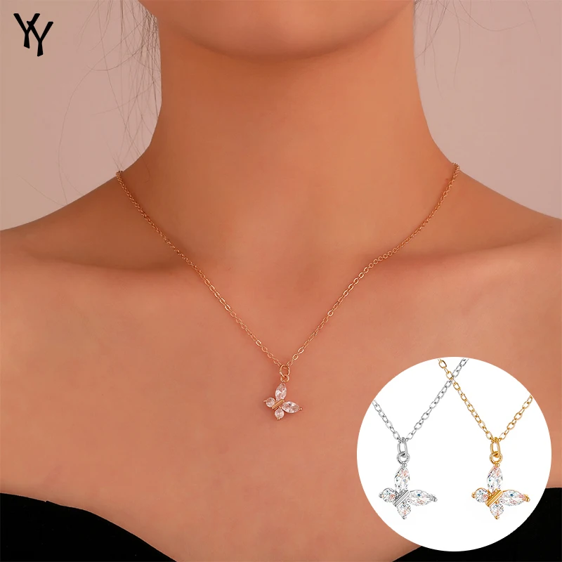 

Fashion New Butterfly Shape Necklace Women's Exquisite Transparent Crystal Pendant Girl Jewelry Gift