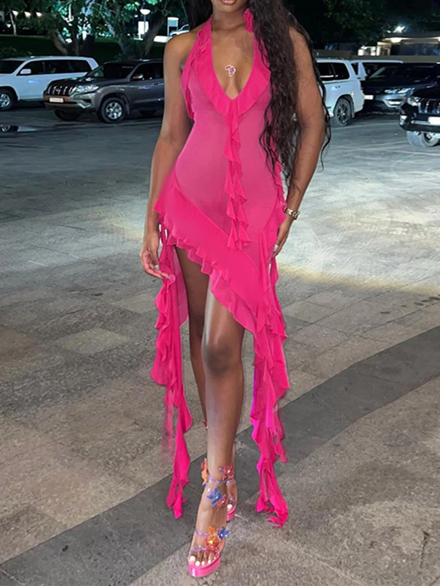 

Новое модное женское облегающее длинное платье с лямкой на шее, без рукавов, с прозрачной сеткой, необычная розетка, женское платье, Клубная уличная одежда, лидер продаж, S, M, L