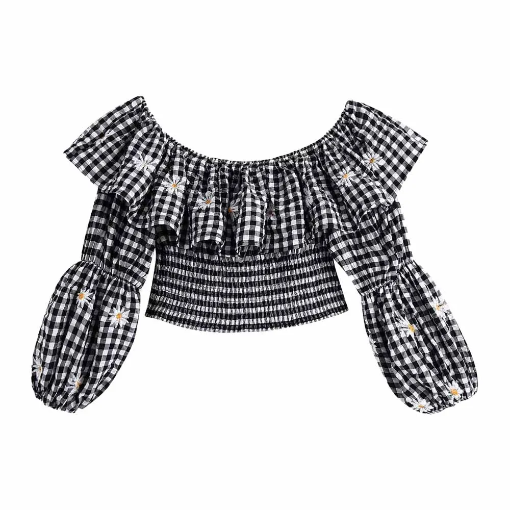 

Женская короткая блузка в клетку, с вышивкой и оборками