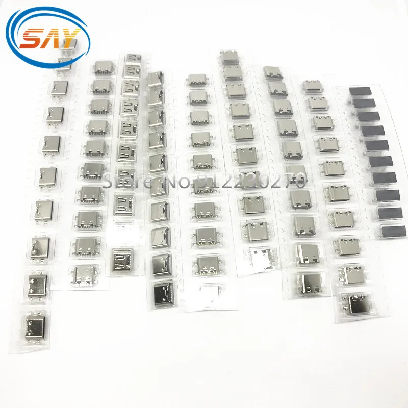 

100 шт./коробка, 10 моделей, USB-разъемы типа C для зарядной док-станции, смешанные 6-контактные и 16-контактные разъемы, для ремонта телефонов и цифровых товаров