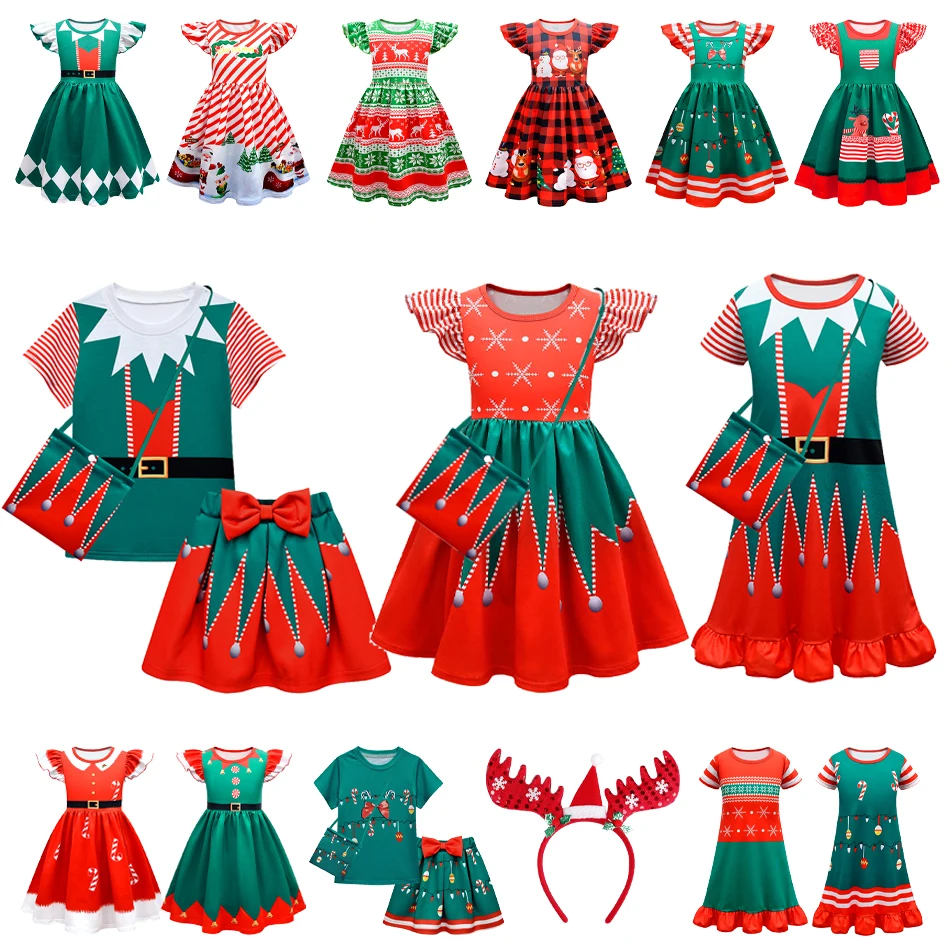 

Новое рождественское красное зеленое Полосатое клетчатое платье для девочек новогодние платья принцессы в горошек Детские Рождественские...