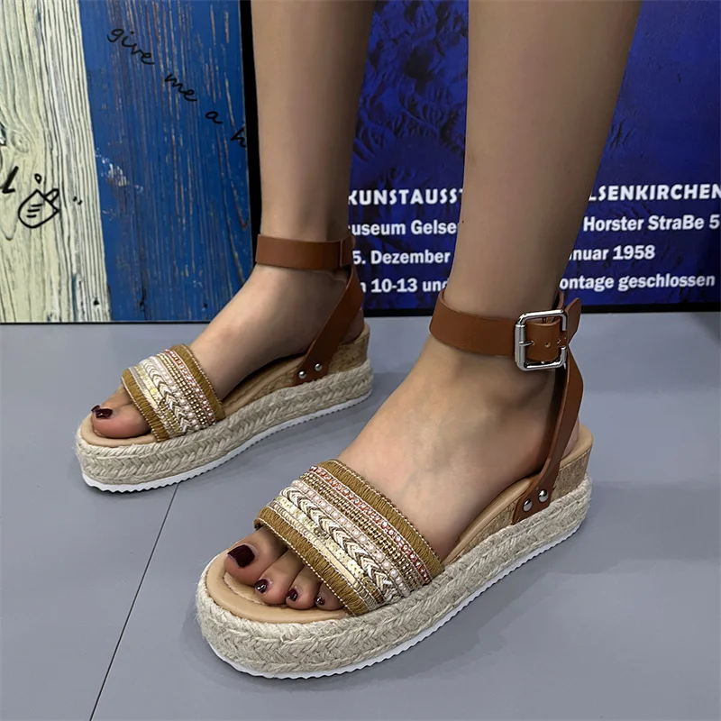 New Women's Sandals Hemp Wedge High Heel Sandals Sandals Mujer Platform Sandals Summer Wedge Shoes Women's Summer Footwear