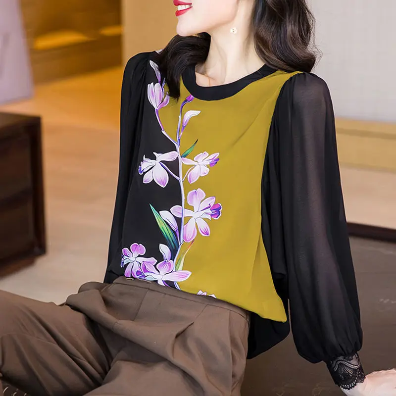 

High -end heavy round neck mulberry silk blouse shirt ladies 2022 spring new fashion long -sleeved print real casual blouse top