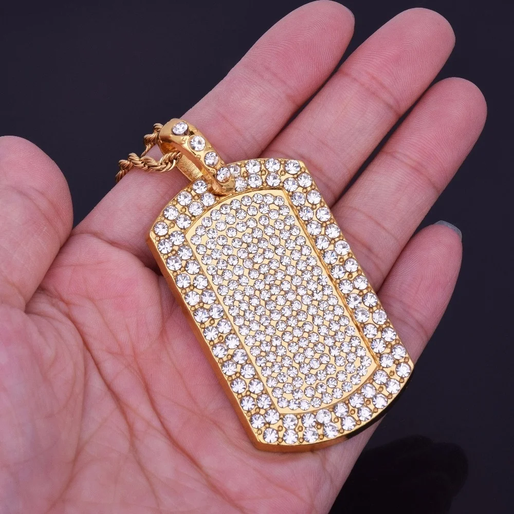 

Men's Pendant Filled Iced Out Rhinestone Gold Color Charm Square Dog Tag Necklace with Cuban Chain Bling Bling Hip Hop Jewelry