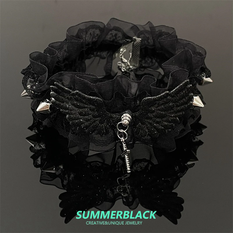 Милое крутое колье Gyaru Sle с кружевными крыльями и шейным ремешком ожерелье