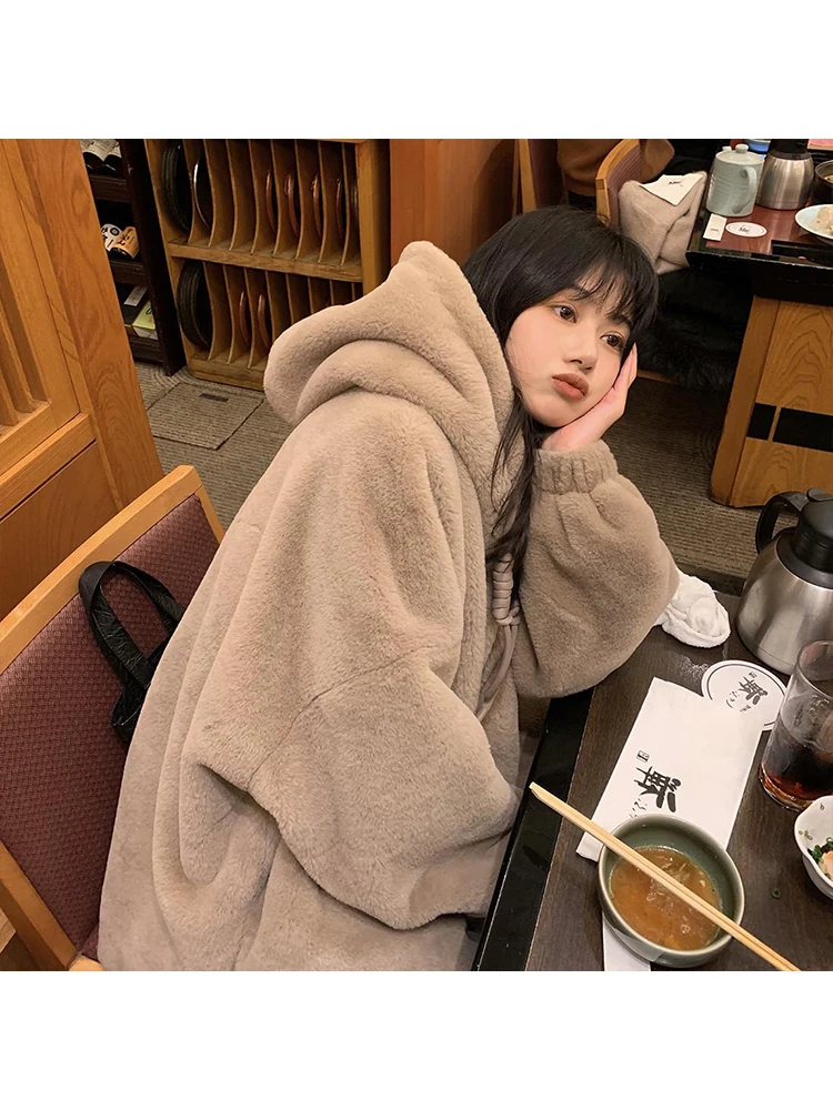

Brown Women's Fashion Hooded Jacket Lamb Wool Outwear Long Sleeve Streetwear Loose Female Jacket Korean Cute Coat Thicken Warm