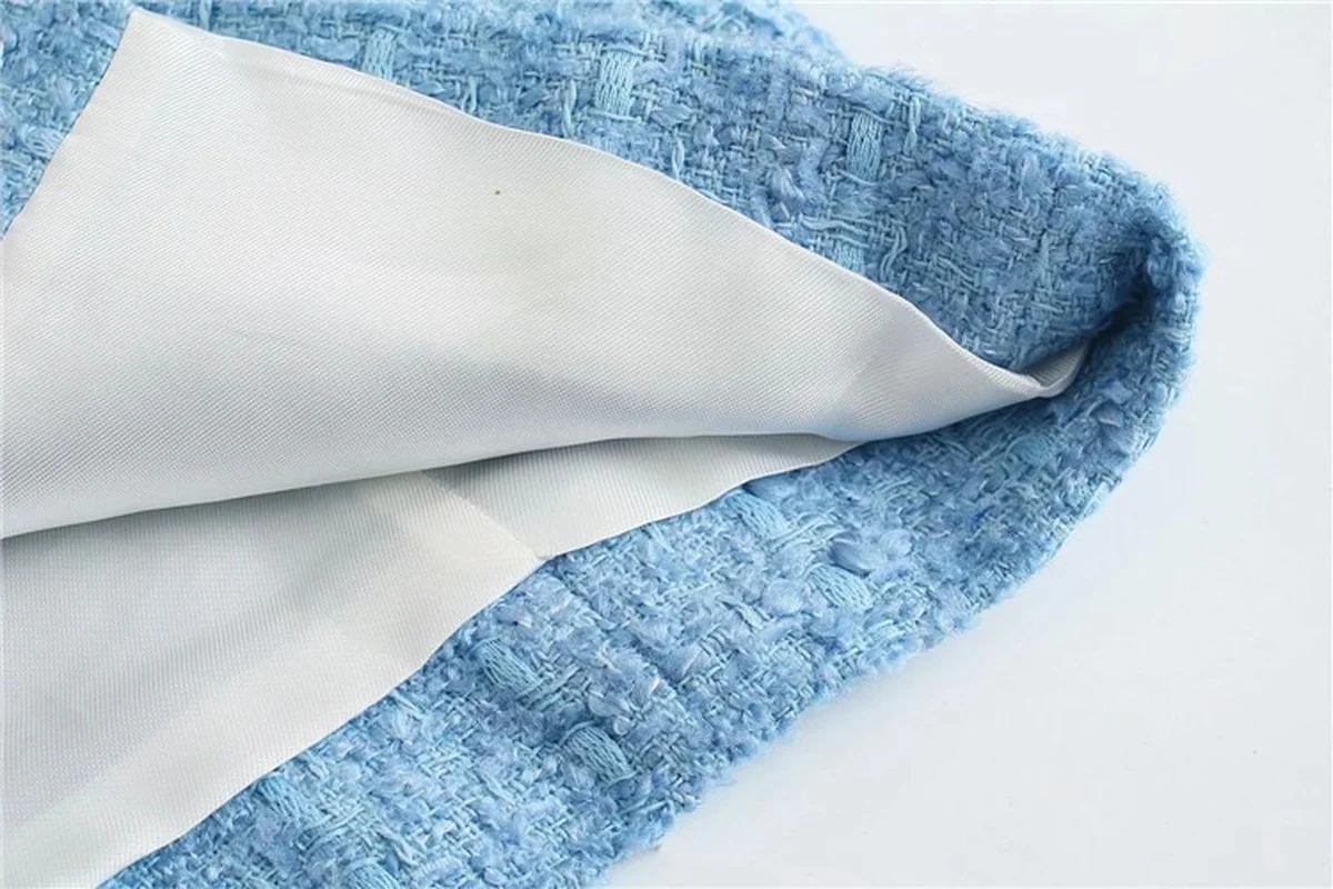 Blue Fashion Tweed Short Blazer Spring Autumn Women Simple Casual Single Button Blazer Indie Elegant Office Commute Streetwear