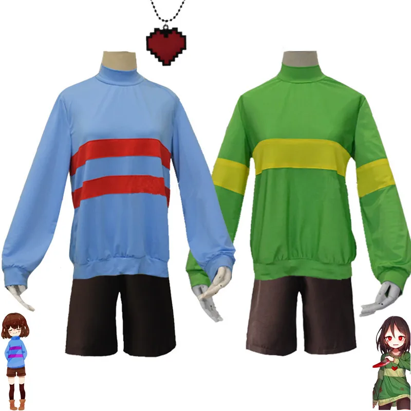 

Костюм для косплея аниме Undertale Frisk, синие зеленые бриджи, ожерелье в форме сердца, Мужской Женский костюм на Хэллоуин