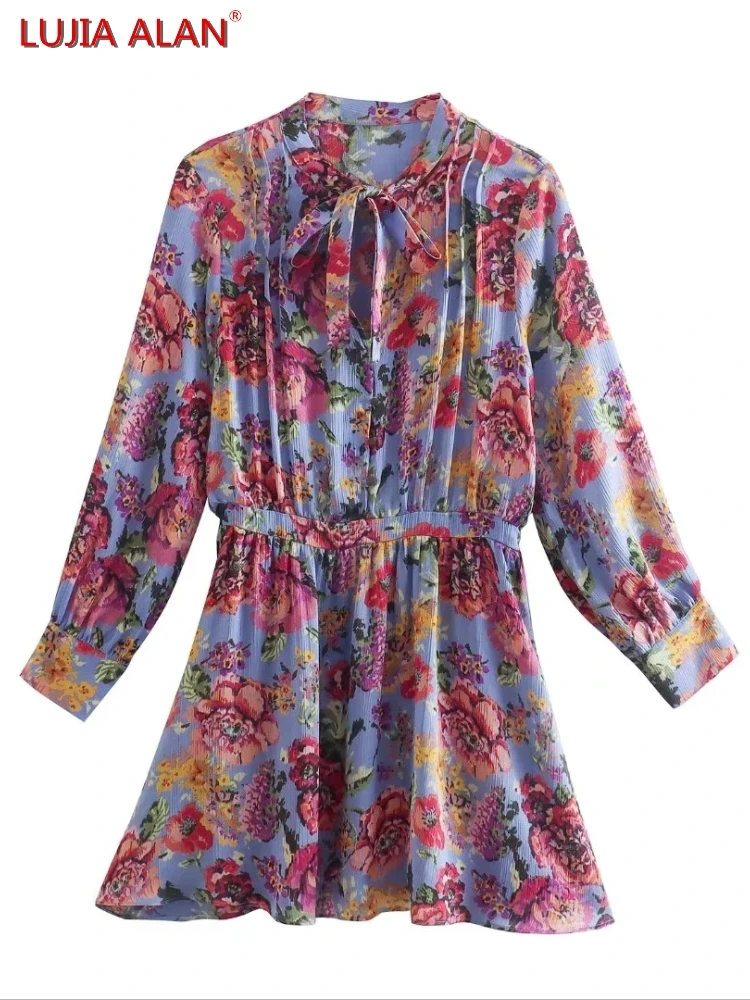 

Women Flower Printing Stand Collar Lace Up Bowknot Dress Female Long Sleeve Mini Vestidos LUJIA ALAN D9515