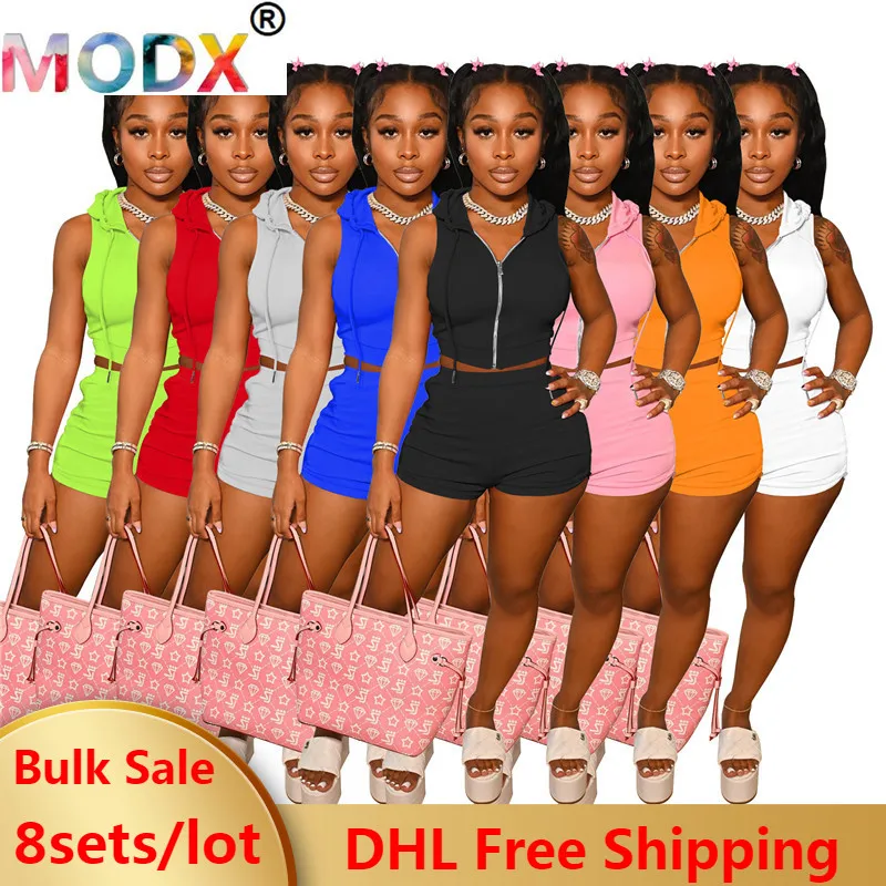 

8 Sets Bulk Wholesale Women Outfits Summer 2 Piece Set Shorts Joggers Hooded Crop Tops Short Track Suits Casual Y2k Clothes 7059