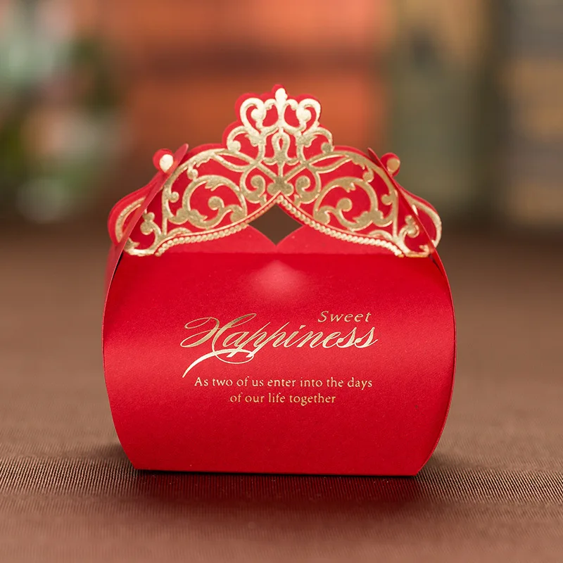 

10pcs Red Crown Paper Gift Box Wedding Favor Box Gift Candy Dragee Baptism Chocolate Packaging Container Dragees Pour Mariage