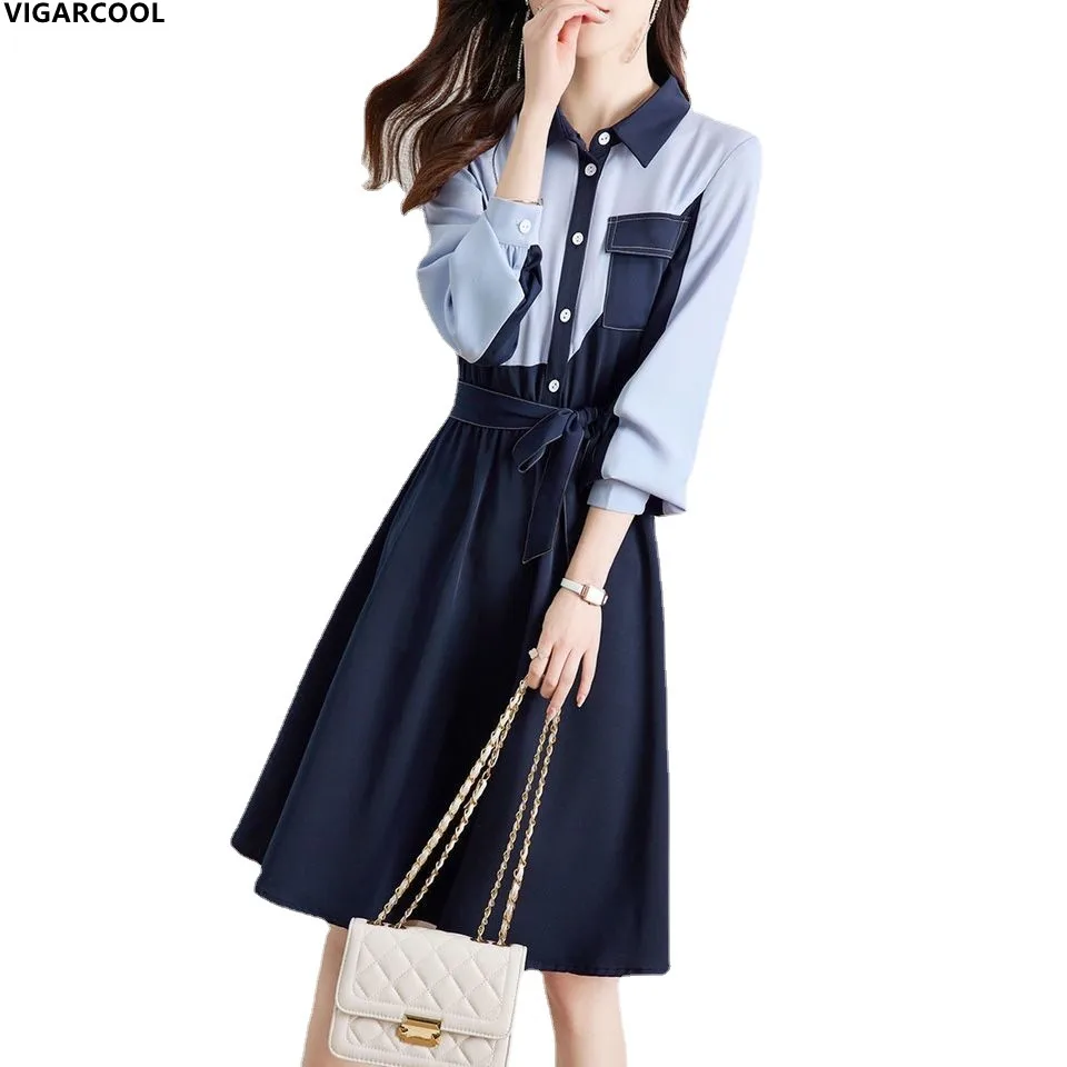 

High-quality spring Dress Hot selling High-end Temperament Dress Fashion color-blocking tie long-sleeved stitching slim Dress