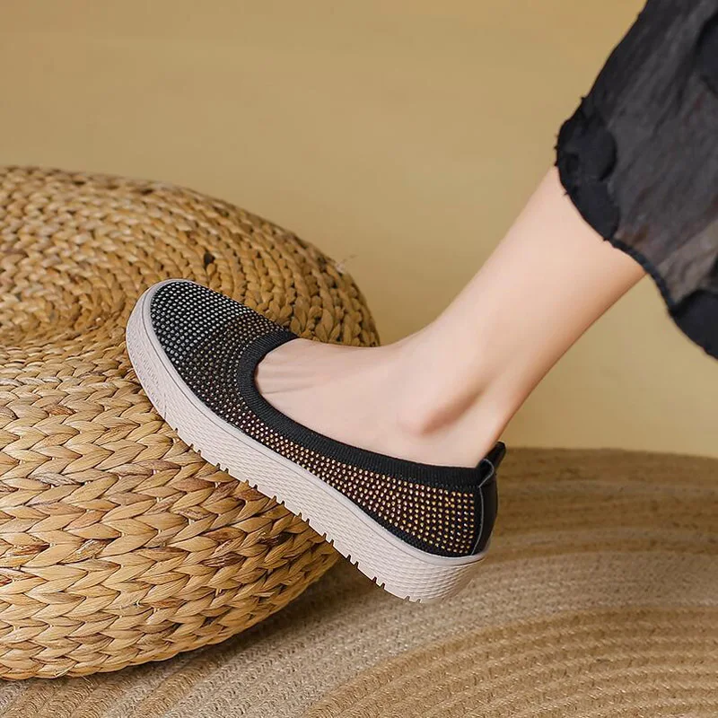Womens Stretch Knitted Rhinestone Breathable Flat Platform Casual Fisherman's Shoes Slip-on Fashion Ladies Flats Driving Loafers