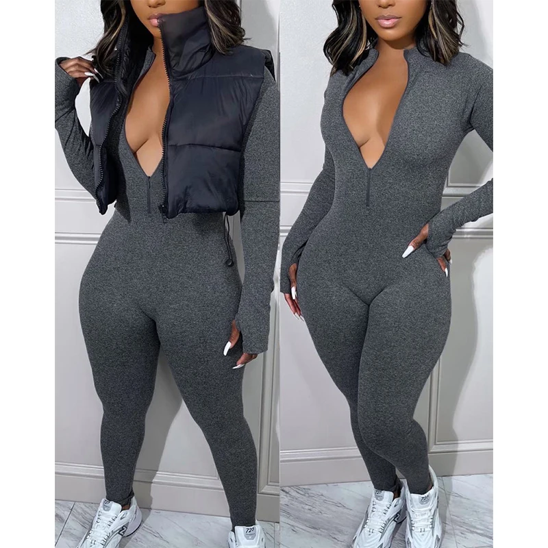 

2022 Women's Sexy Deep V-Neck Long Sleeve Jumpsuit Casual Skinny Leggings Outfits