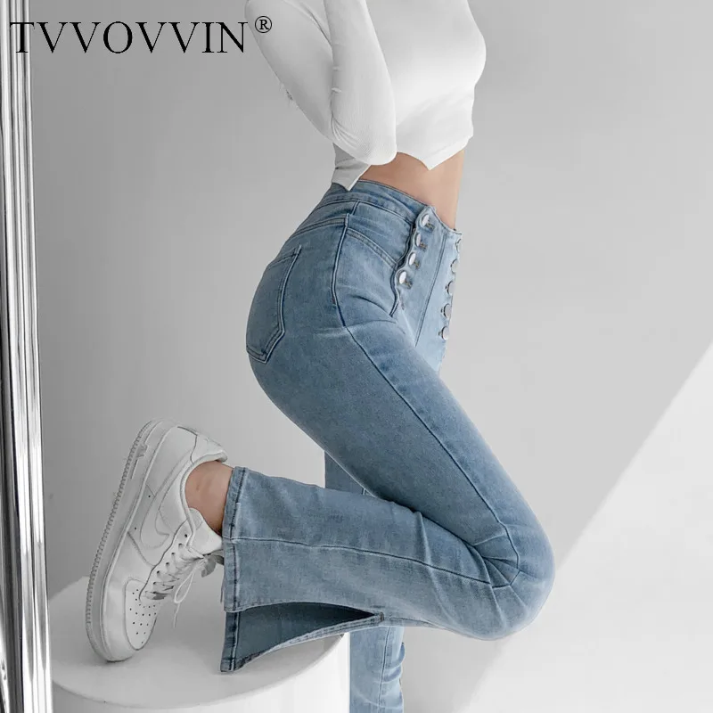 

TVVOVVIN Fashion Double Breasted High Waist Seam Jeans Women New Spring Autumn Elastic Split Flared Pants For Sexy Ladies ZV78