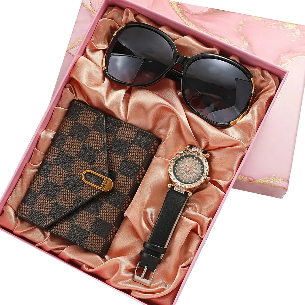 Women Creative Gifts Box Set Watch Sunglass Wallet Holiday Practical 3pcs Birthday Gift Box Set for Mother Girlfriend Student