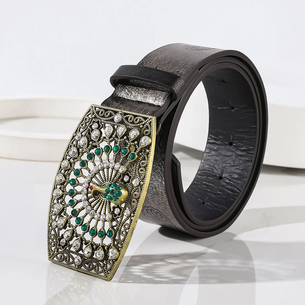 Fashion Embossed Strap with Peacock Stones Buckle Belts for Women