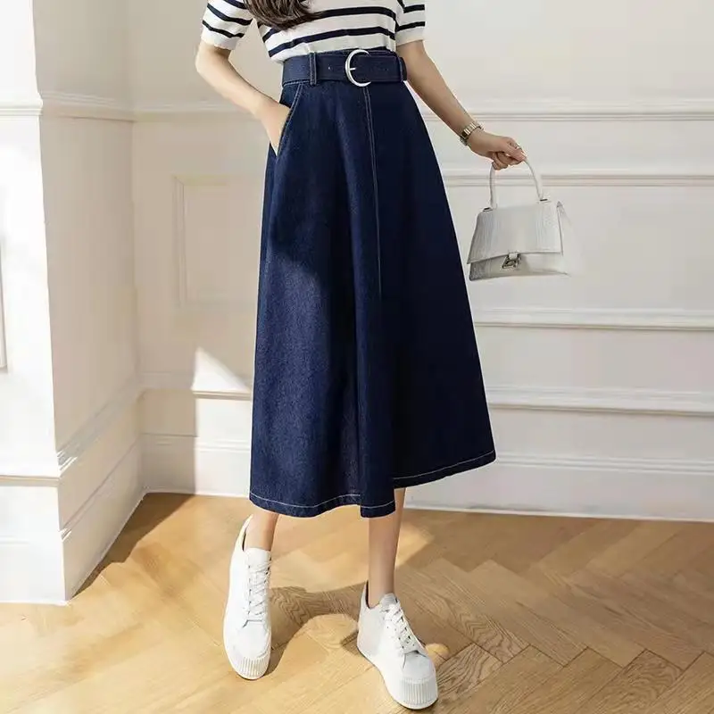 Длинная джинсовая юбка DFRCAEG Новинка лета 2023 трапециевидная черная или синяя