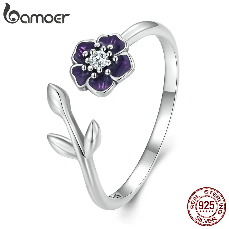 

Bamoer 925 Sterling Silver Enamel Purple Flower Adjustable Ring Zircon Opening Ring for Women Birthday Gift Fine Jewelry BSR394