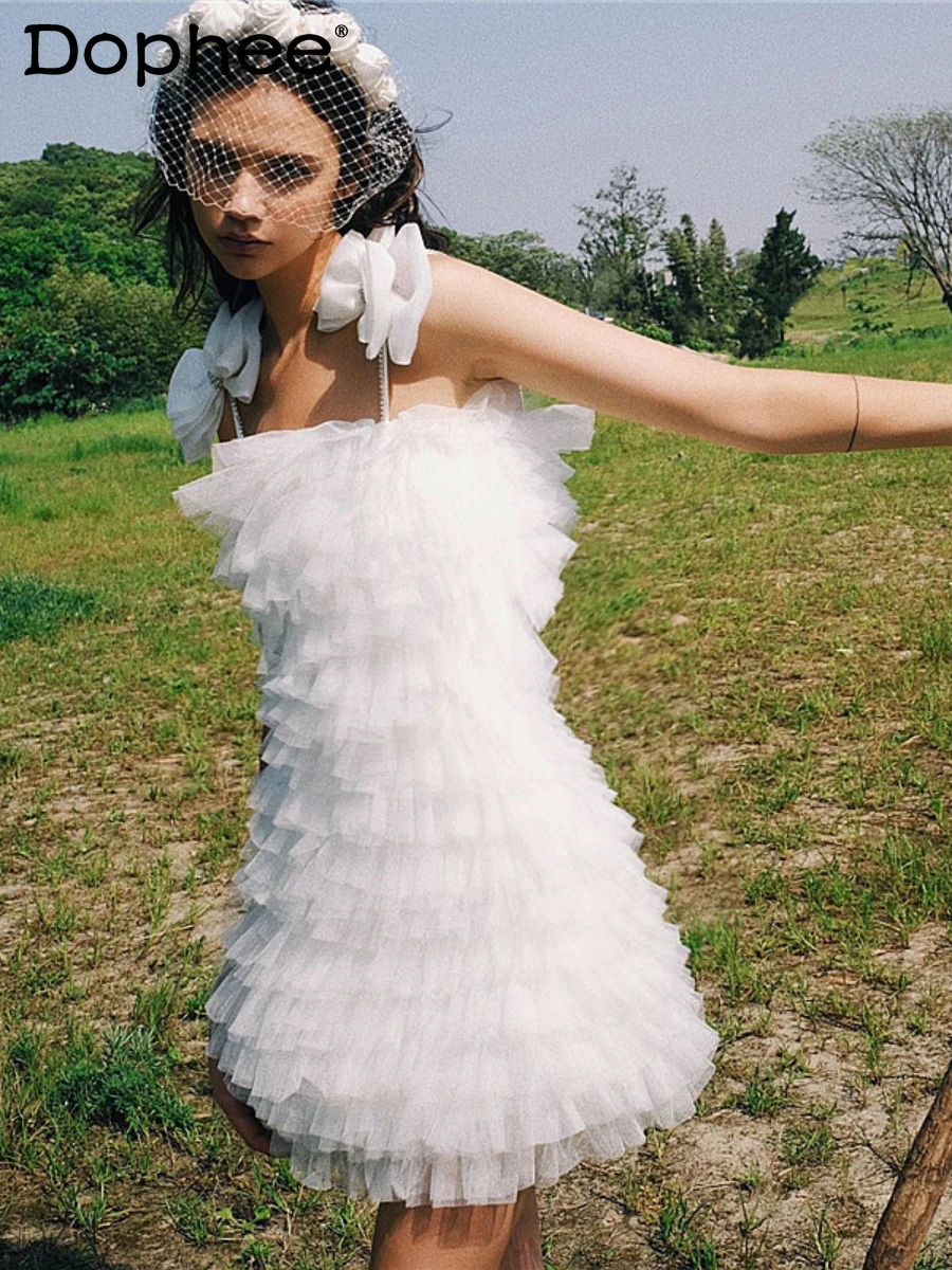 

Heavy Industry Sweet Diamond Bow White Strap Dress for Women Mesh Ruffles Cake Mini Dress 2022 New Summer Evening Party Dresses
