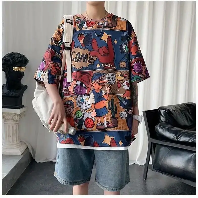 

Summer Short-Sleeved T-Shirt Men'S Cartoon Printing New Trend Loose Hip-Hop High Street Student Half-Sleeved Top