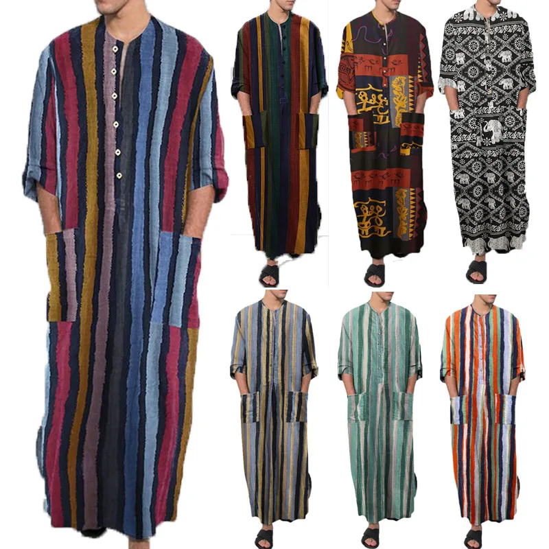 Men's Muslim Robes New Middle East Men's Long-Sleeved Arabic Striped Printed One-Piece Shirt