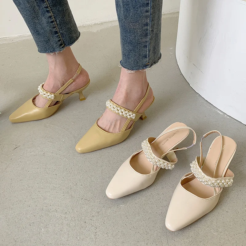 

Women's Shoes Sandals Pointed Toe 2022 Summer Outer Wear Stiletto Shallow Mouth Pearl High Heels