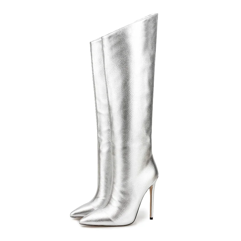 2023 European and American Style Silver High Heeled Women's Boots Thin Heeled Pointed Toe with Zipper Knee High Leather Boots