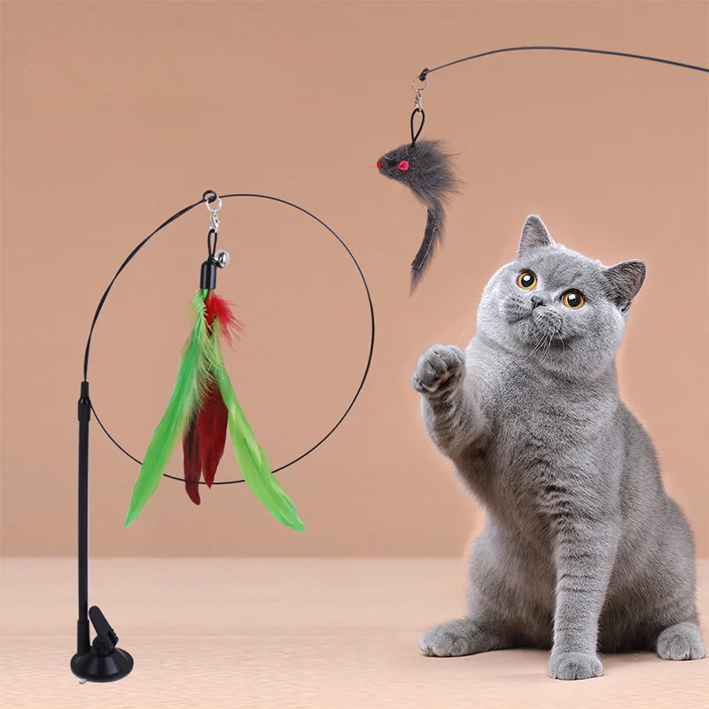 

Cat Teaser Wand Toy Pet Accessories Toys for Cats Kitten Interactive Chase Rod Removable Suction Cups Training Playing Stick