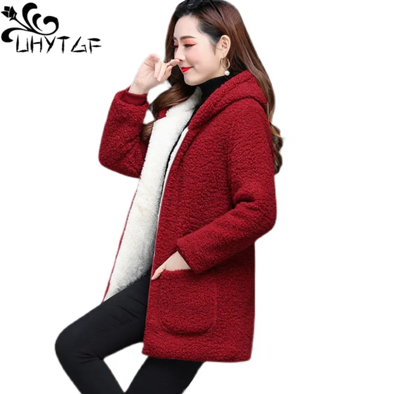 

UHYTGF Winter Jacket Women's Hooded Lambswool Grain Fleece Casual Warm Mother Cotton Coat Parker Female Outerwear 5XL Big Size79