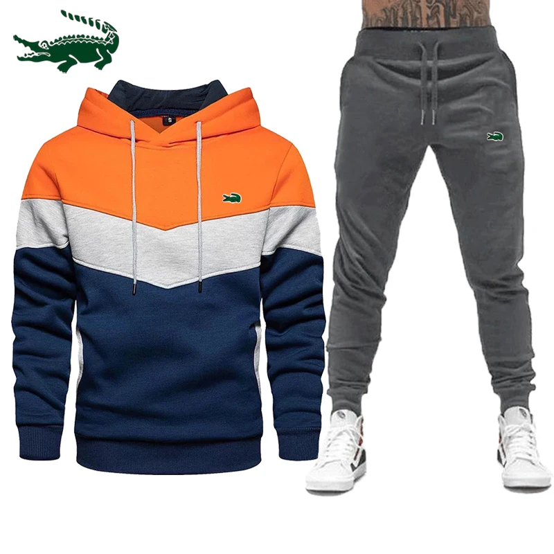 2023 New High Quality Men's Leisure Sports Color Contrast Hooded Plush Sweater Pullover+Outdoor Running Pants Set