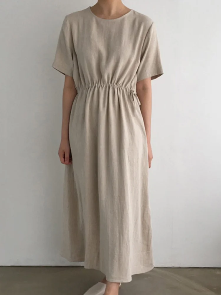

summer simple o-neck Drawstring pleated design women dress short sleeve Cotton linen Ladies Vestidos 2022 new B707