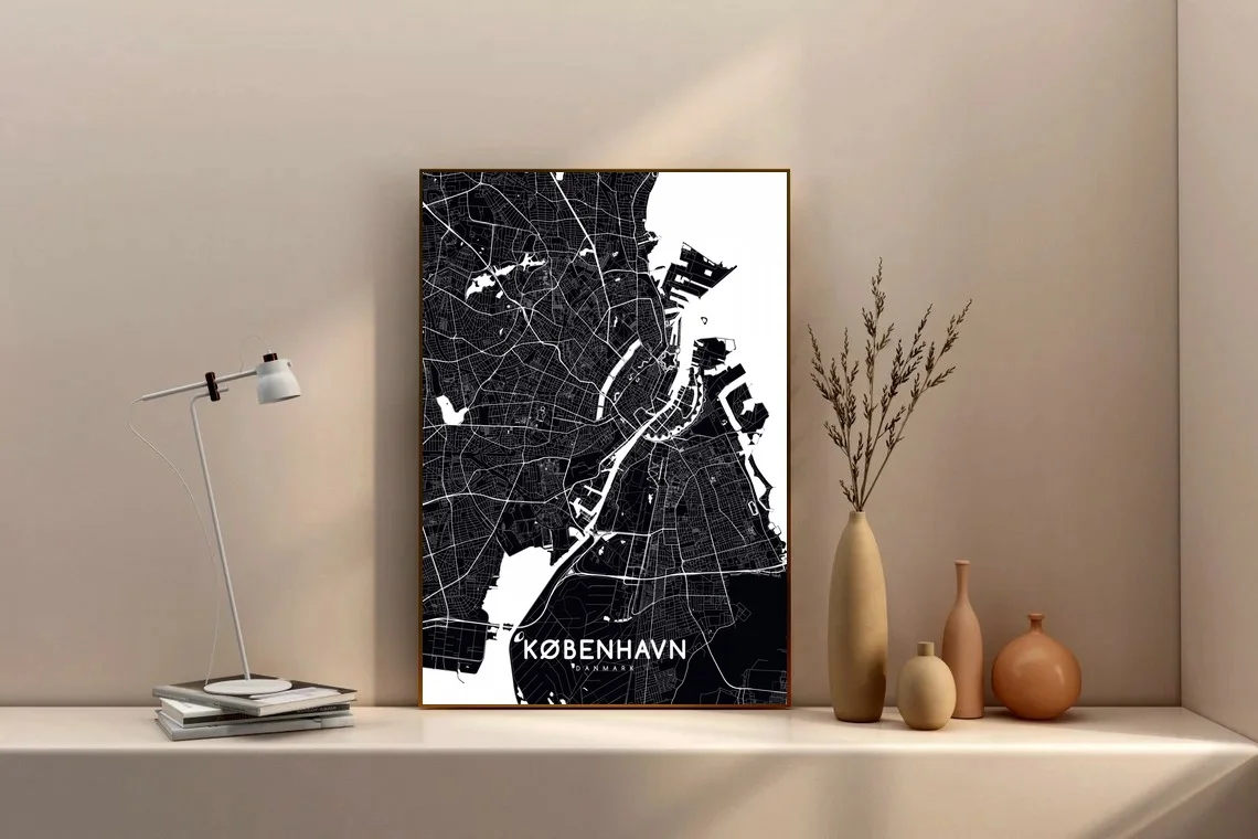 Дания Kobenhavn карта черные карты настенное искусство на холсте постер принты