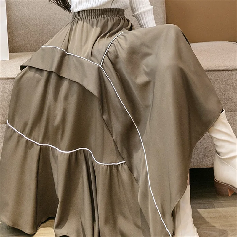 

Женская плиссированная юбка средней длины, черная или хаки юбка с высокой талией и оборками, ассиметричная юбка с поясом на резинке, модель ...