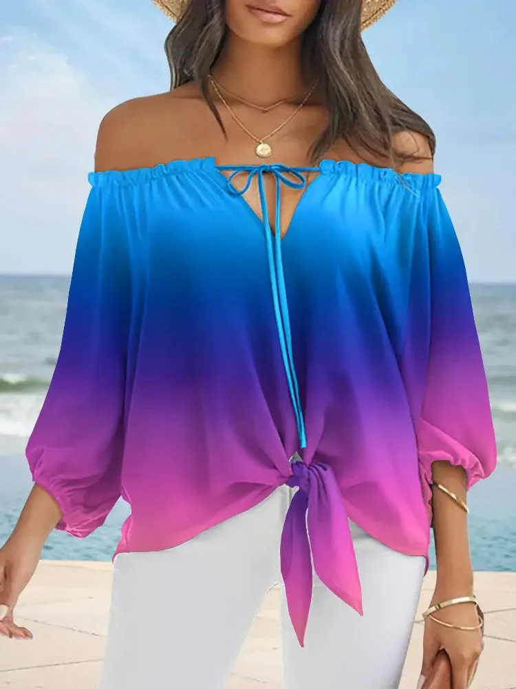 

Women's Blouses Autumn Casual Long Sleeve Lace-Up Bow Top Elegant Print Pullover Sexy Slash Neck Off Shoulder Shirts For Women